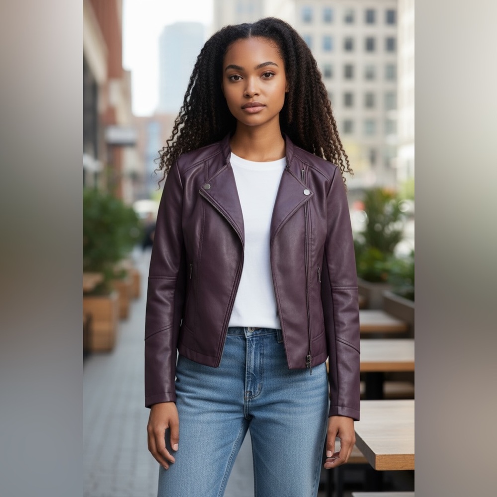 Suzy Shier Burgundy Purple Faux Leather Jacket